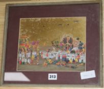 19th century Indian School, gouache on mica, battle between devils and a multi-armed deity, 20 x