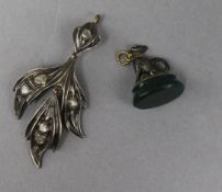 An Antique rose diamond set silver and gold leaf pendant 5.5cm and a bloodstone pendant seal with