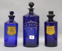 Three Victorian blue glass pharmacy bottles tallest 29cm