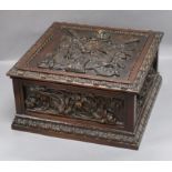 A late Victorian heavily carved oak document box approx. 37 x 37cm