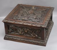 A late Victorian heavily carved oak document box approx. 37 x 37cm