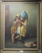 I. El-Kokvy, oil on canvas, a mother comforting a child - a dead chicken before them, signed, 78 x