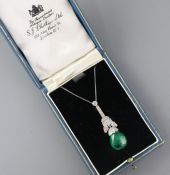 An Art Deco emerald and diamond pendant on chain in a S.J. Phillips Ltd box 4cm