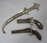 A Middle Eastern six shot pepperbox pistol, a three barrelled pistol and a Jambiya