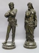 A pair of spelter figures, one of Hamlet and one of Ophelia, tallest 45cm