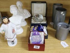 Three glass paperweights and sundry decorative items, the paperweights to include two Caithness