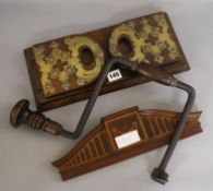 A walnut brass mounted book slide, carpenter's brace, etc. longest 38cm
