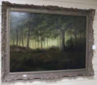 English School, oil on canvas, stag in a woodland, 67 x 95cm