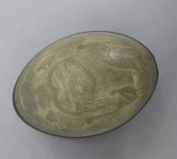 An emu egg decorated with kangaroo, emu and koala