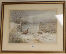 Roland Green (1896-1972), watercolour, Pheasants in the snow, 38cm x 53.5cm