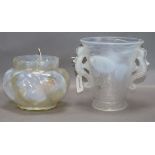 An Art Deco Barolac 'Seahorse' glass vase and an iridescent white glass vase, the Barolac vase of