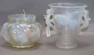 An Art Deco Barolac 'Seahorse' glass vase and an iridescent white glass vase, the Barolac vase of