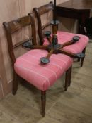 A pair of mahogany chairs, a mahogany card table and a five branch ceiling light table W.92cm