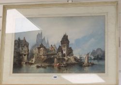 Paul Marny (1829-1914), watercolour, Continental townscape with river, 40.5cm x 63.5cm