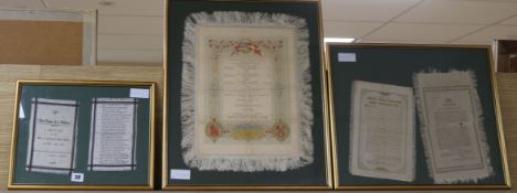 Three framed silk proclamation and theatre programmes