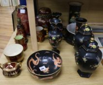 Carlton Ware black ground wares - six vases and a bowl and Carlton Ware red mottled lustre - a