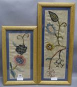 Two framed crewel worked samples of embroidery largest 54 x 17cm