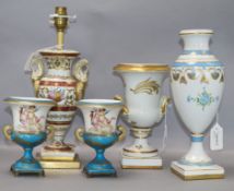 A Limoges Empire-style porcelain table lamp and four other items, the lamp of urn form with stylised