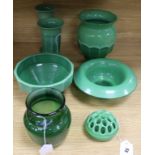 A collection of Jobling or Sowerby uranium jade pressed glassware, including a large half-fluted
