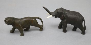 Two Japanese bronze figures, tiger and elephant