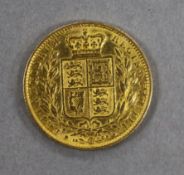 A Queen Victoria gold sovereign 1849, shield reverse, F