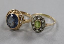 An early 20th century gold, peridot? and rose cut diamond cluster ring, size R and a continental
