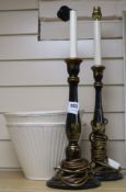 A pair of gilt black lacquered table lamps, with shades over height 35cm