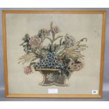 A framed 18th century needlework motif basket of fruit and flowers