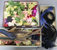A collection of Edwardian and later hat feathers and flowers