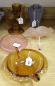 A collection of Art Deco pressed glass, including an STS Abel amber bowl with shaped handles and