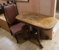 A Victorian marquetry inlaid walnut card table, W.98cm and a rosewood prie dieu chair