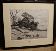 Melvyn Petterson (b. 1957), black and white etching, 'The Thames near Kew Bridge', signed and