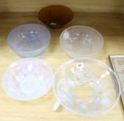 Five Jobling or Sowerby pressed glass bowls, including two frosted blue Fircone pattern bowls, a