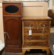 A miniature yew wood chest of drawers, W.41cm and a small mahogany pot cupboard