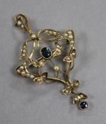 A George V 9ct gold sapphire and seed pearl pendant brooch 5cm