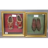 A pair of Turkish children's framed shoes and a similar pair of Greek shoes
