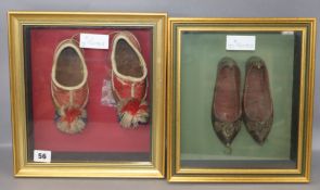 A pair of Turkish children's framed shoes and a similar pair of Greek shoes