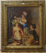 Victorian style, oil on canvas board, Mother and children playing with hop blossom, initialled