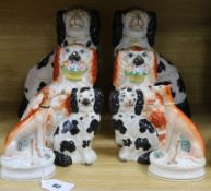 Three pairs of Staffordshire and Staffordshire-style spaniels and a pair of greyhounds tallest 26cm