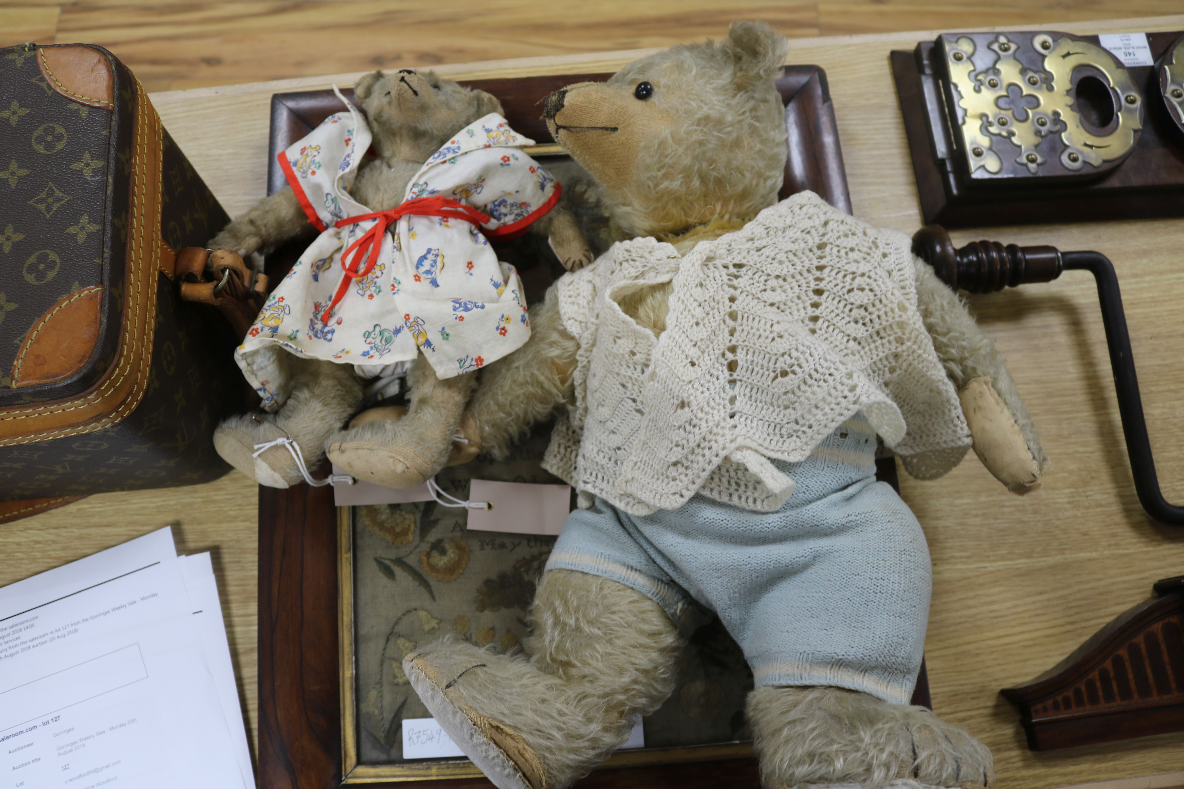 A vintage musical Golly soft toy and two early 20th century Steiff-style blond mohair bears, the - Image 2 of 3
