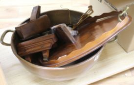 A copper handled bowl, an Edwardian tray etc