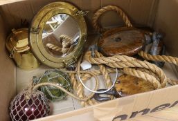 A brass pothole mirror, a ship's anchor, a pully and rope etc