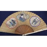 A Japanese painted silk leaf fan,Meiji period, with gilt lacquered ivory guards