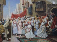 20th century Egyptian School, oil on canvas, an Egyptian Wedding, 94 x 124cm, unframed