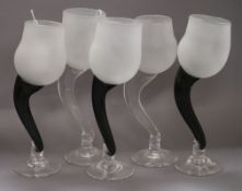 Steven Newell (b. 1948), five similar wine glasses, each with frosted glass bowl and wide curved