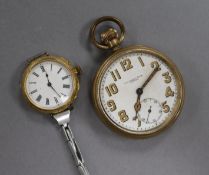 A lady's 18ct gold wrist watch & a gold plated pocket watch.