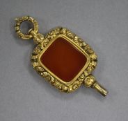 A 19th century gold plated and chalcedony watch key, 53mm.