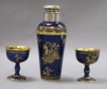 A Carlton Ware cocktail shaker and two coupes tallest 21cm