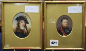 A 19th century oil on ivory miniature of Napoleon, 8 x 6cm and a miniature of Bonny Prince Charlie?,