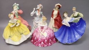 Seven Royal Doulton figures: Loyal Friend HN3358, Paisley Shawl HN1392, Victoria HN2471, Fair Lady